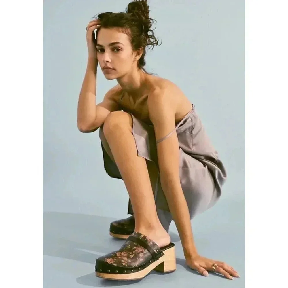 New Free People Calabasas Floral Wooden Clogs Black Womens 7